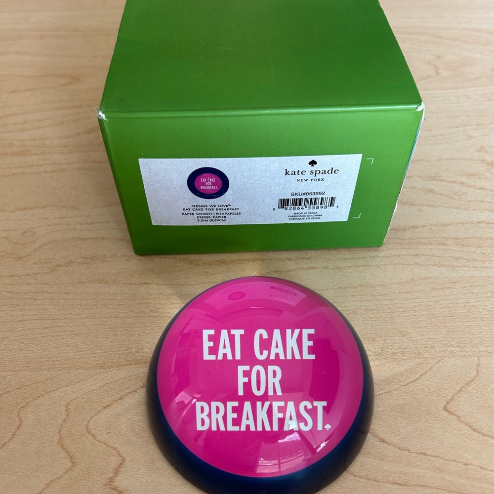 Kate Spade Pink and Navy "EAT CAKE FOR BREAKFAST" paperweight